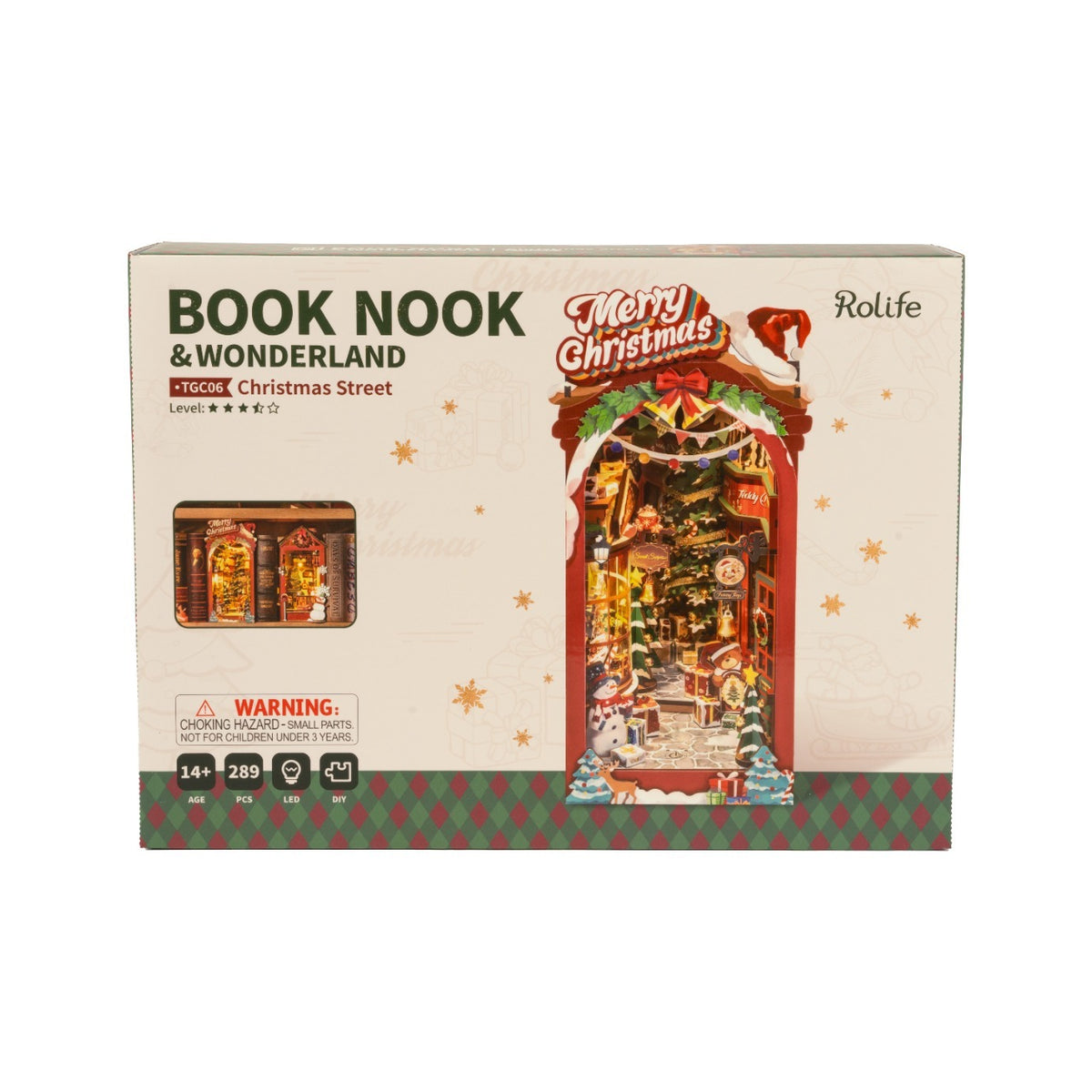 Rolife Christmas Street DIY Book Nook emballage vist forside med åbent, oplyst julebutiks-arkade