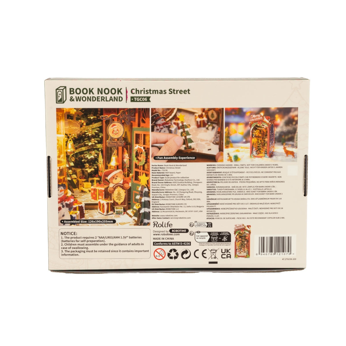 Bagkasse til Rolife Christmas Street DIY Book Nook med produktbilleder, advarsler og monteringsdetaljer