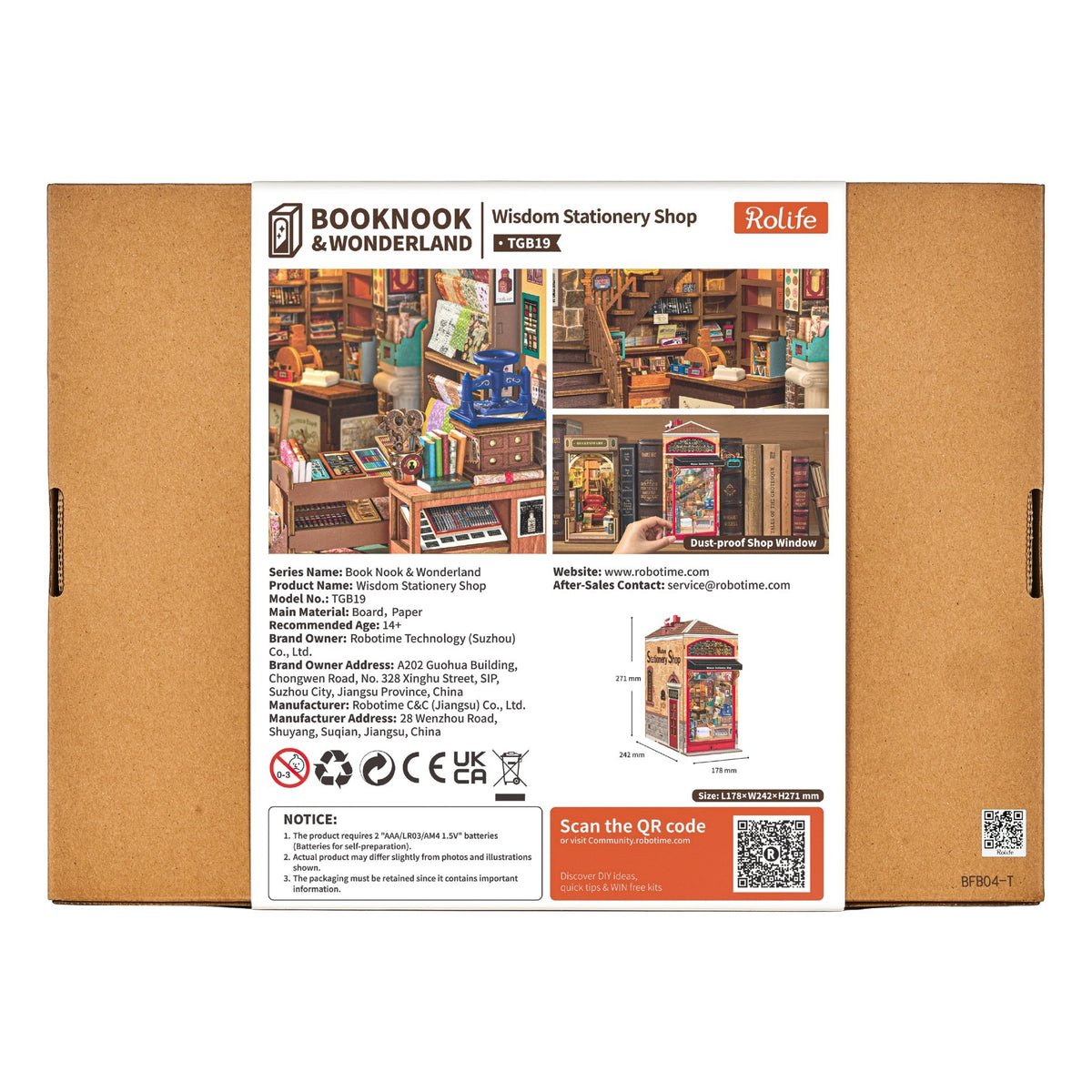 Rolife Wisdom Stationery Shop DIY Book Nook emballagevisning med forsideetiket og illustrationsfotos