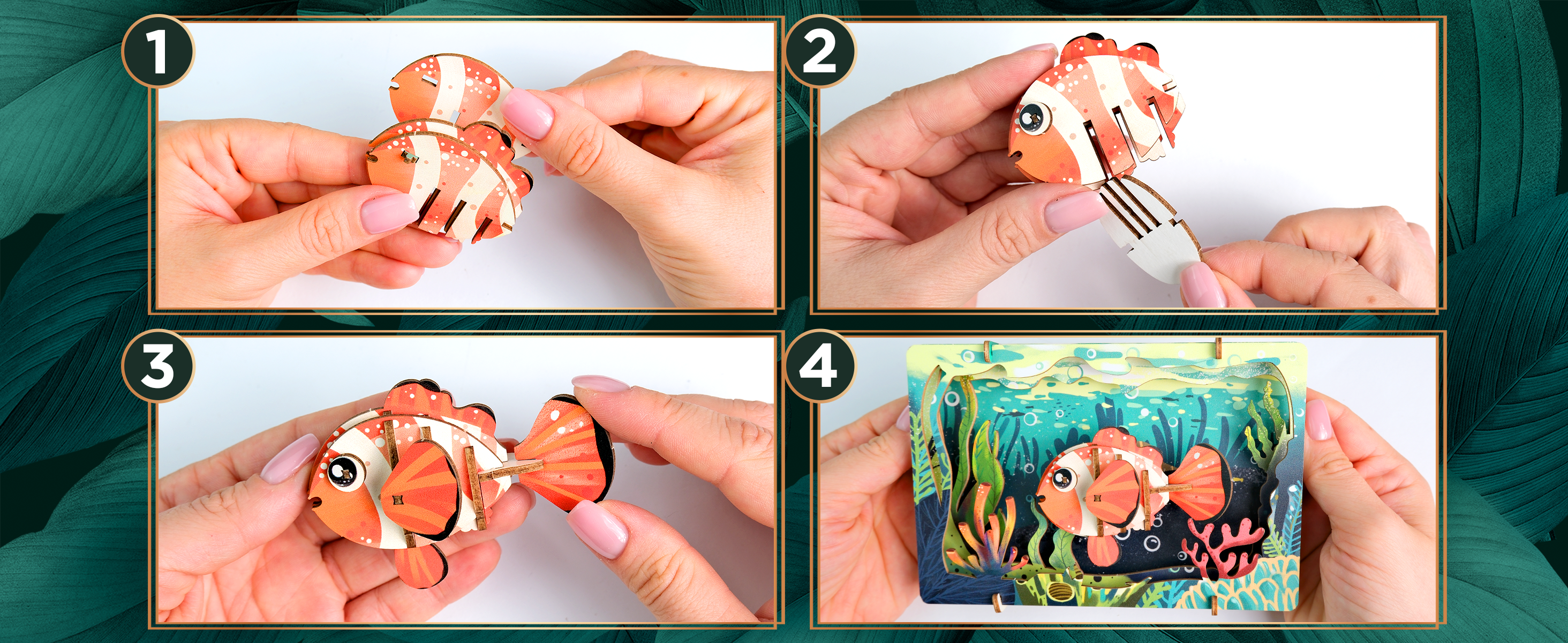 Detaljebillede af Clownfish 3D Puzzle fra EscapeWelt – 3D Træpuslespil for Kids