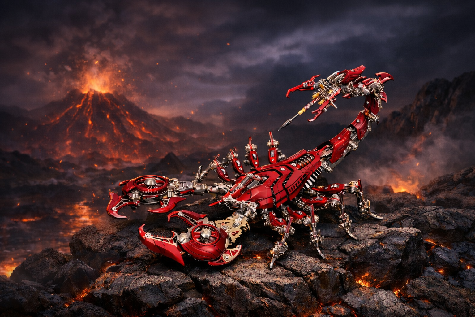 3D Metal Puzzle skorpion i rød og sort – War Scorpion foran vulkanlandskab