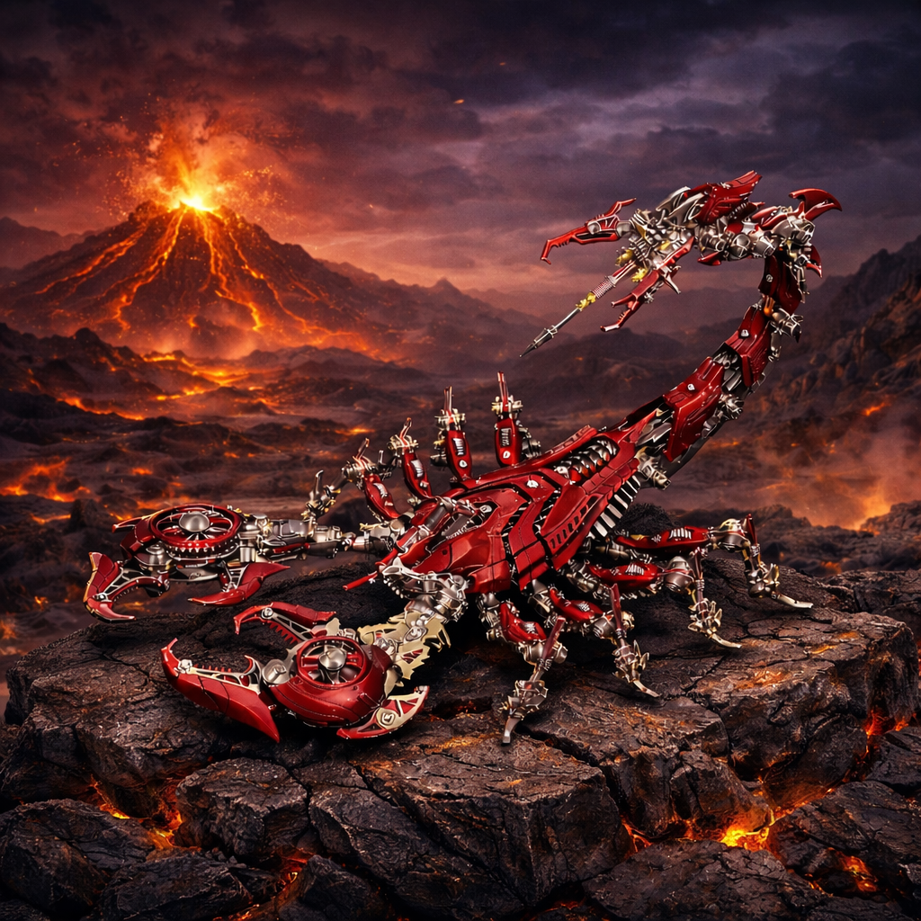 3D Metal Puzzle skorpion i rød og sort – War Scorpion foran vulkanlandskab