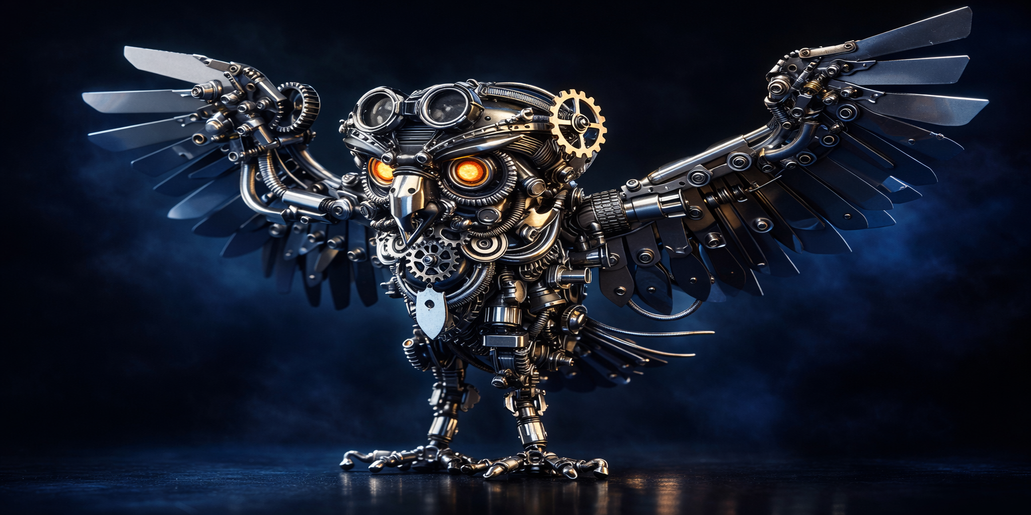 Stor 3D Metal Puzzle ugle med lysende gule øjne og tandhjul – steampunk design
