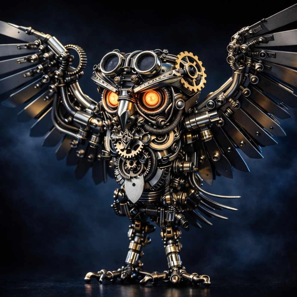 Stor 3D Metal Puzzle ugle med lysende gule øjne og tandhjul – steampunk design