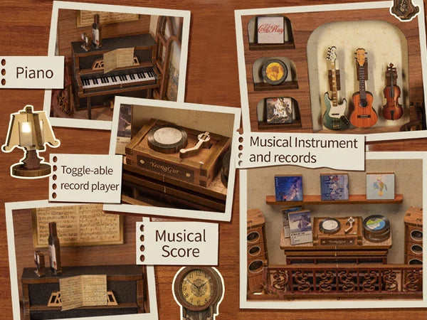 Miniature klaver, pladespiller, noder og instrumenter i en bogreol-boksekit