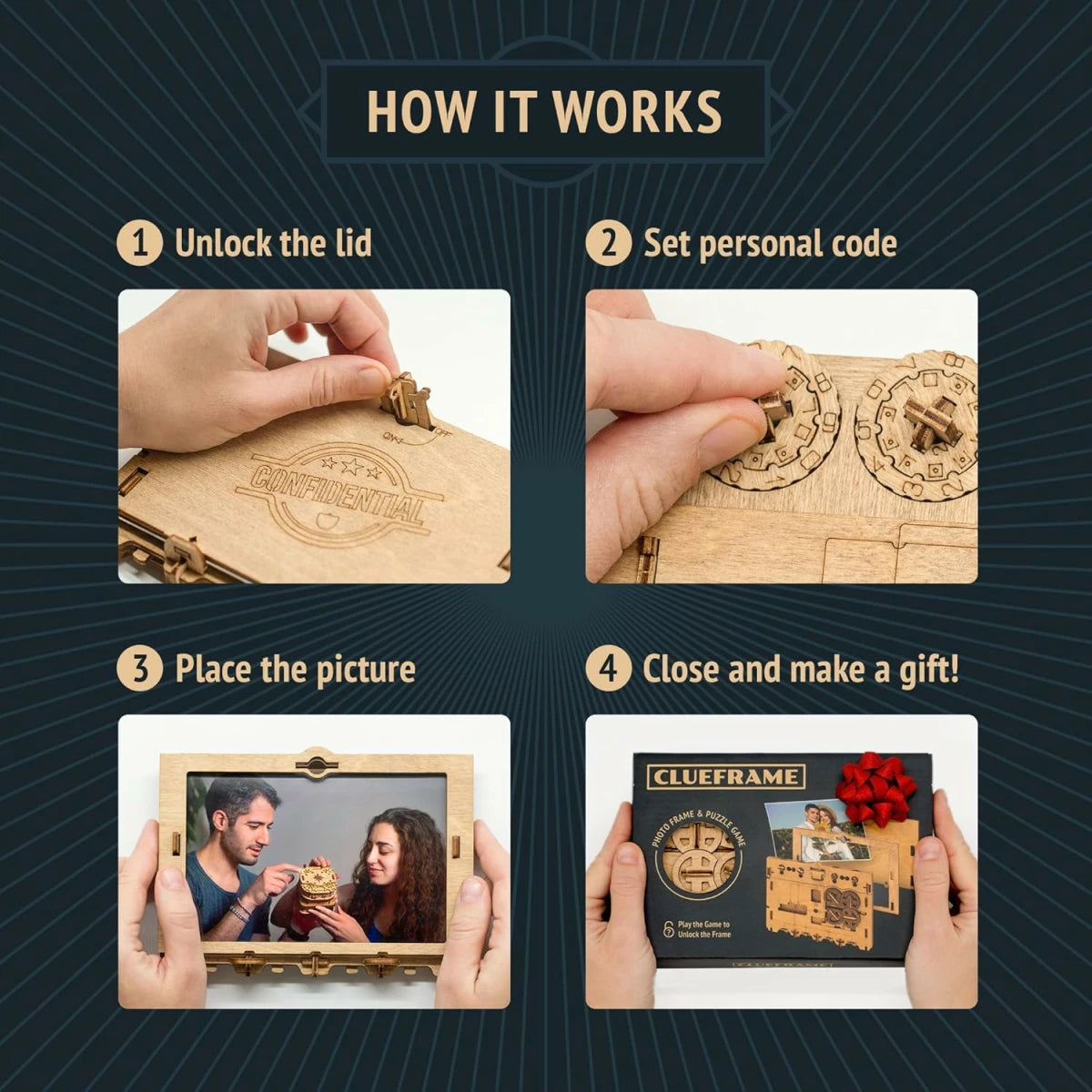 Firetrinsvejledning viser låget låses op, kode indstilles, foto indsættes og ClueFrame-puzzleboxen gives som gave.